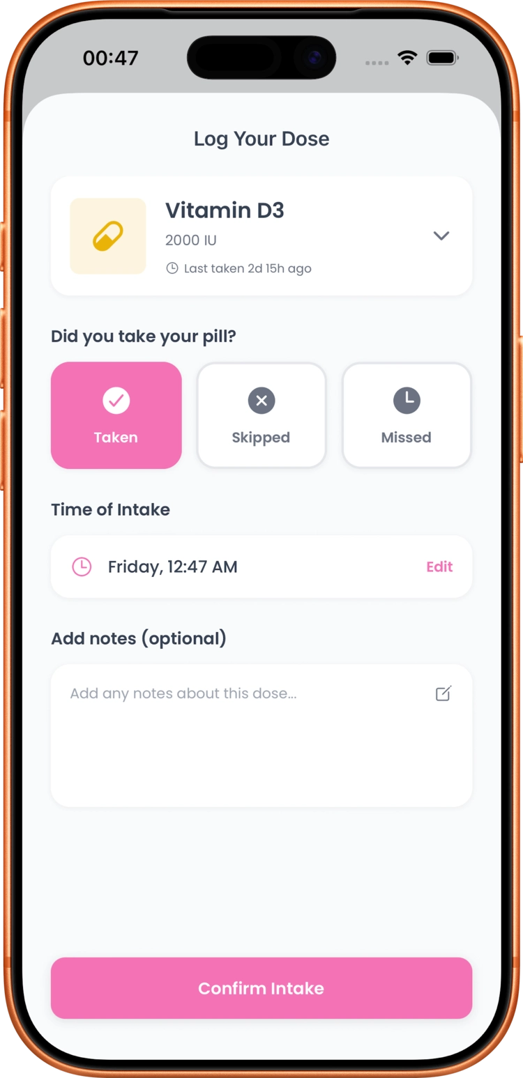 Dose logging screen in LogPill