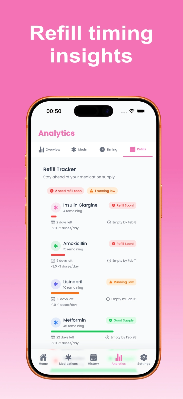 LogPill mockup with refill tracking