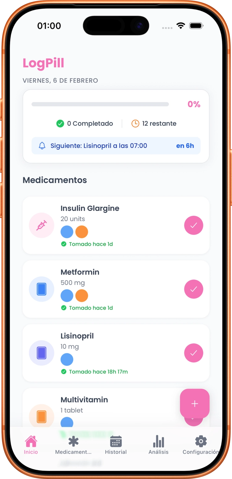 Pantalla de inicio de LogPill con el plan del día
