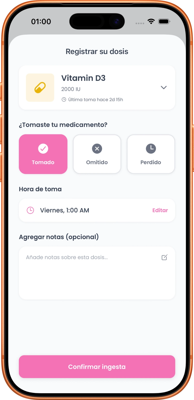 Pantalla de registro de dosis en LogPill