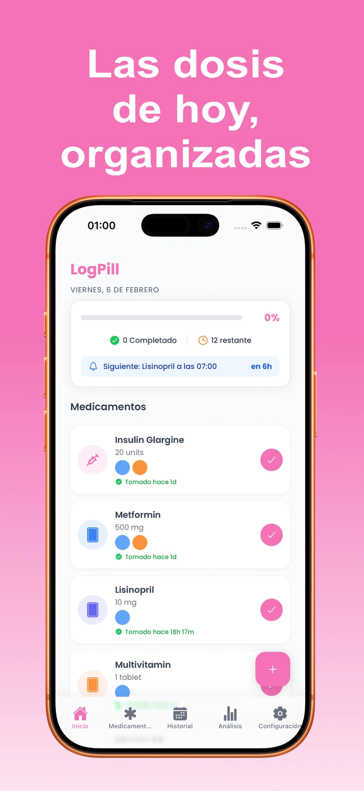 Mockup de LogPill con las dosis del día