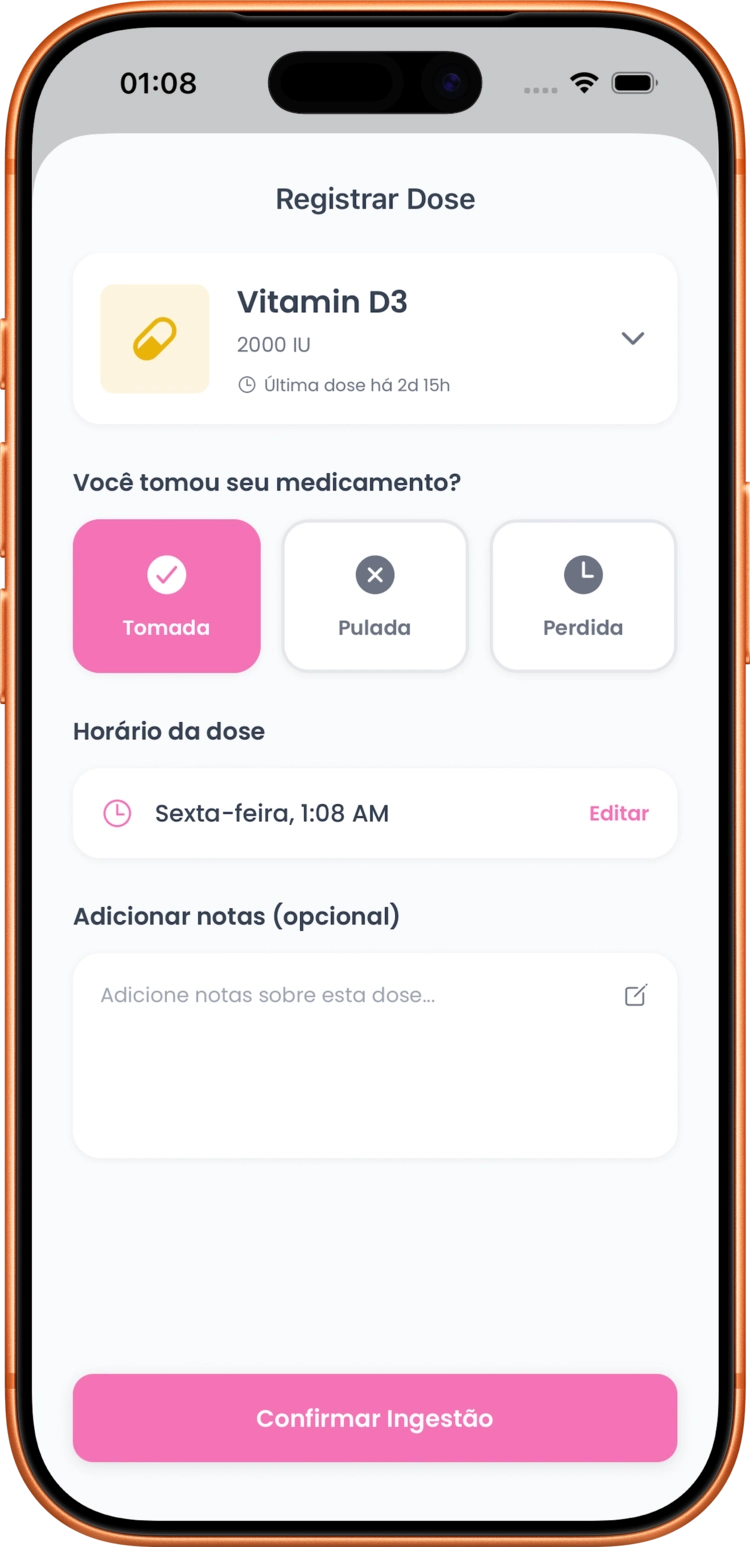 Tela de registro de dose no LogPill