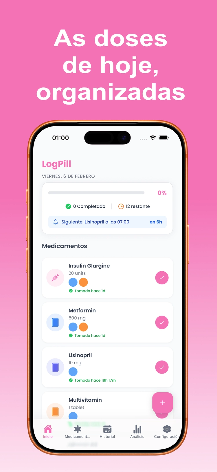 Mockup do LogPill com as doses do dia