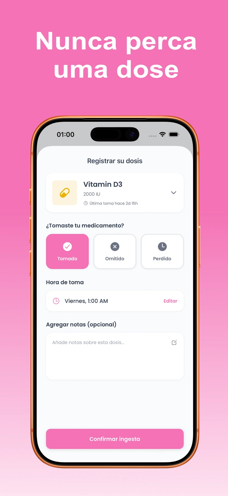Mockup do LogPill com acompanhamento de medicamentos