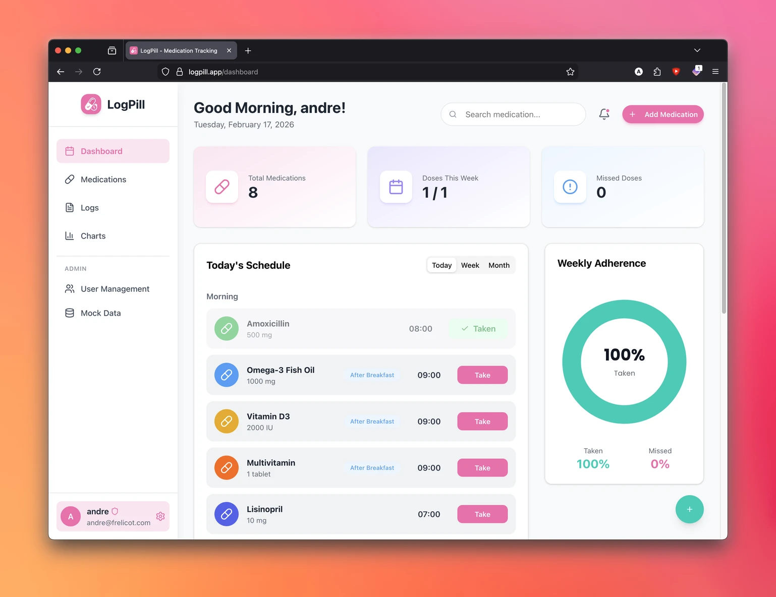LogPill web prototype with medication summary and today's schedule