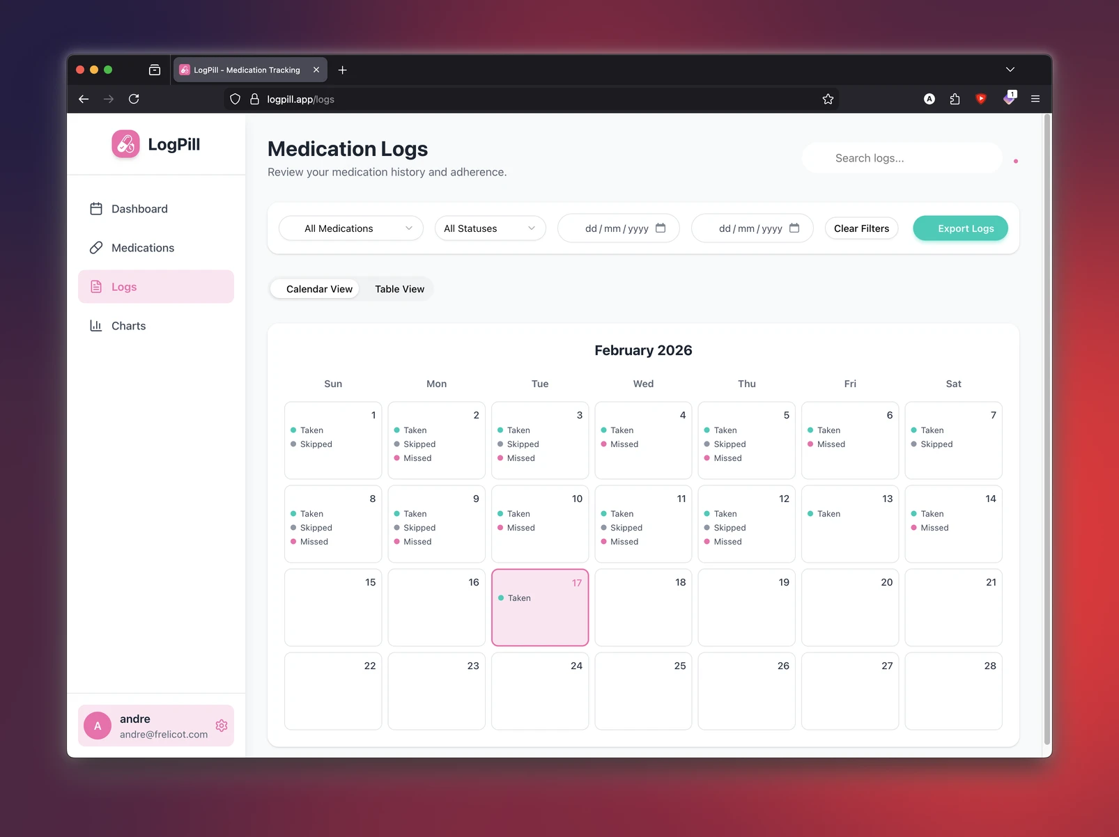 LogPill web prototype with dose logs calendar