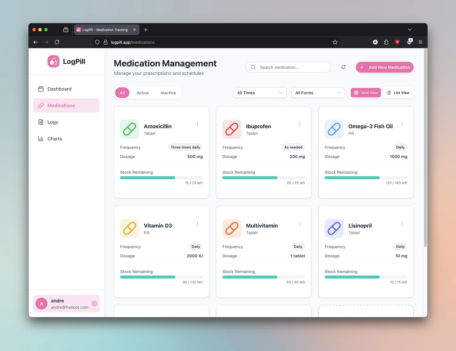 LogPill web prototype with medication management grid