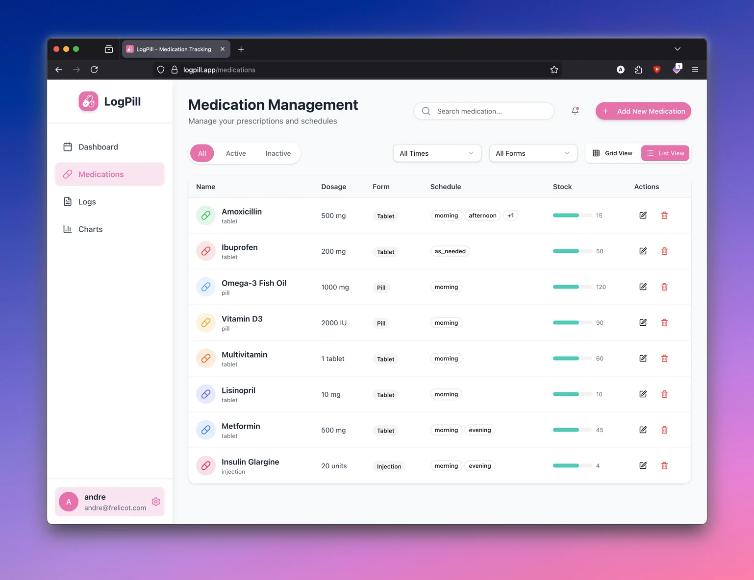 LogPill web prototype with medication management table
