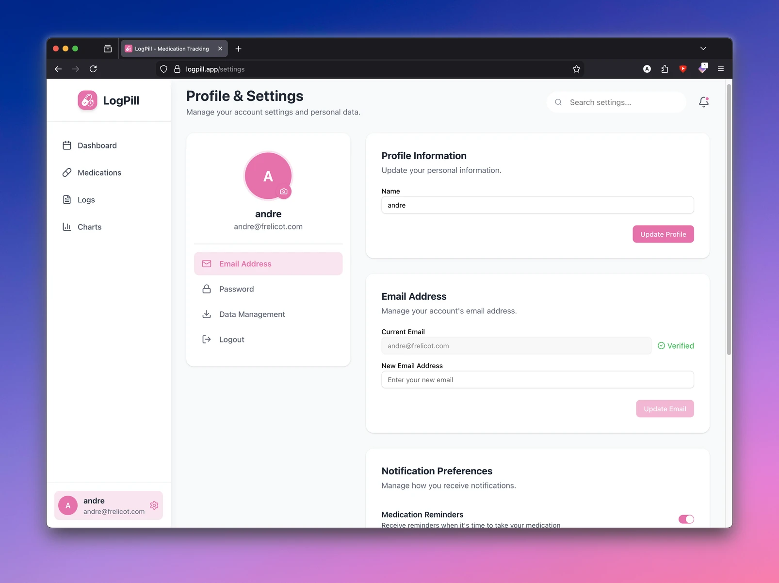 LogPill web prototype with profile settings