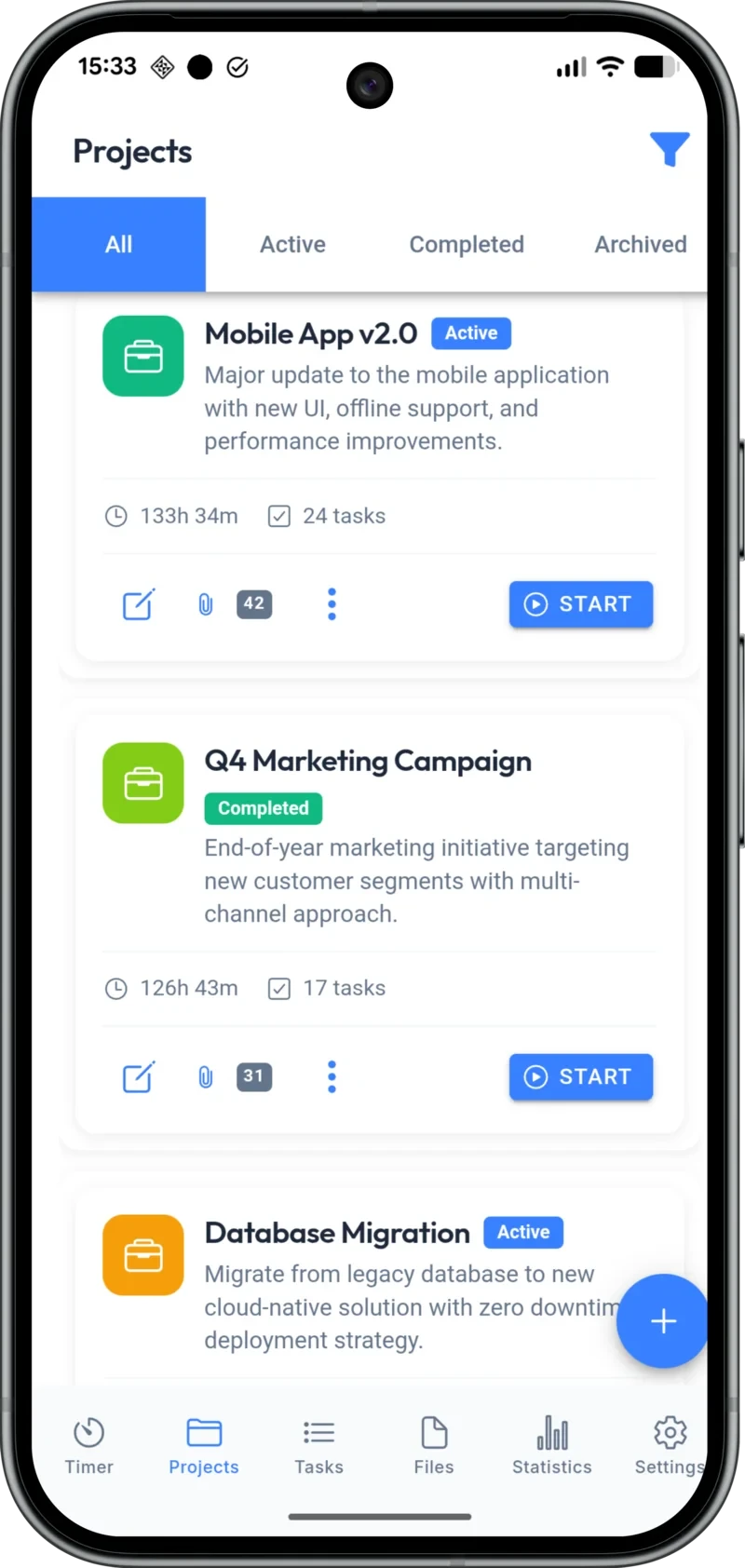 WorkProof project list on Android