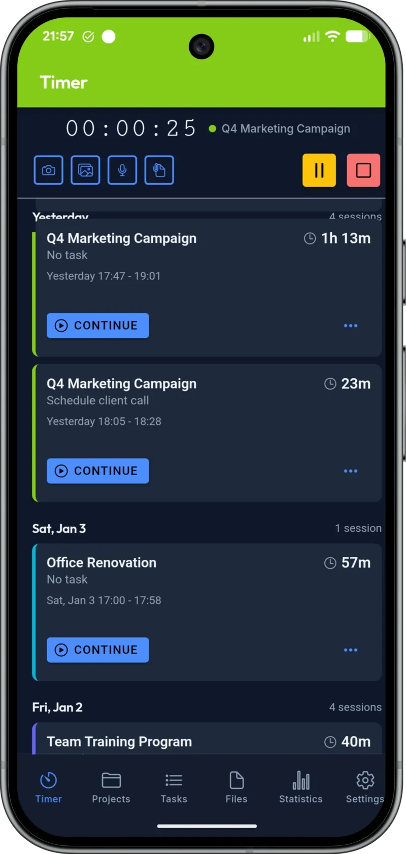 WorkProof sessions list linked to the timer