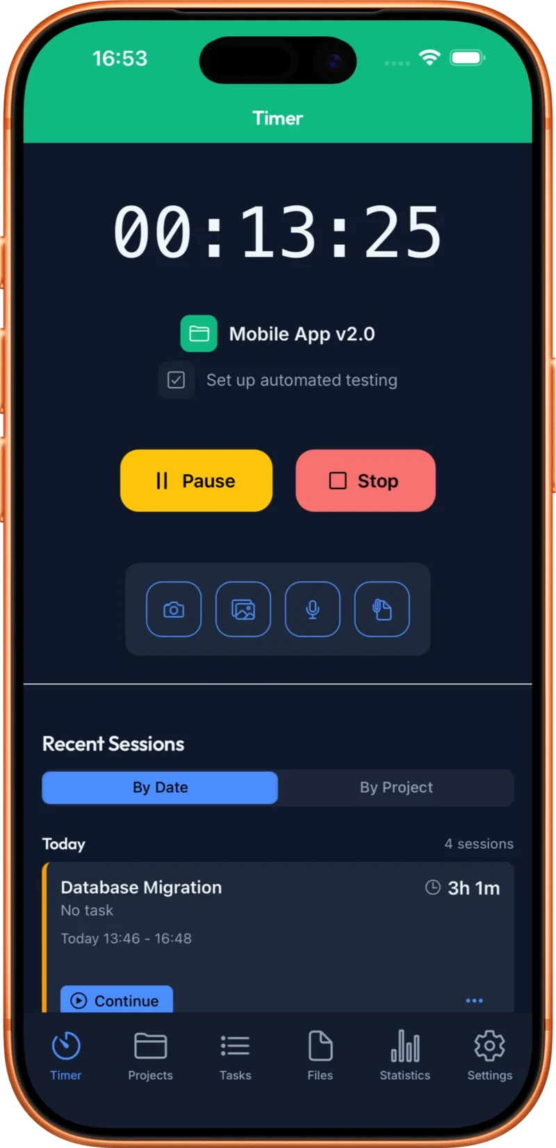 Running WorkProof timer with pause and stop controls