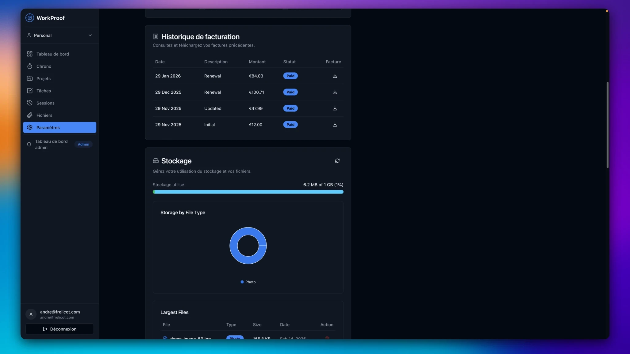 WorkProof billing and storage settings