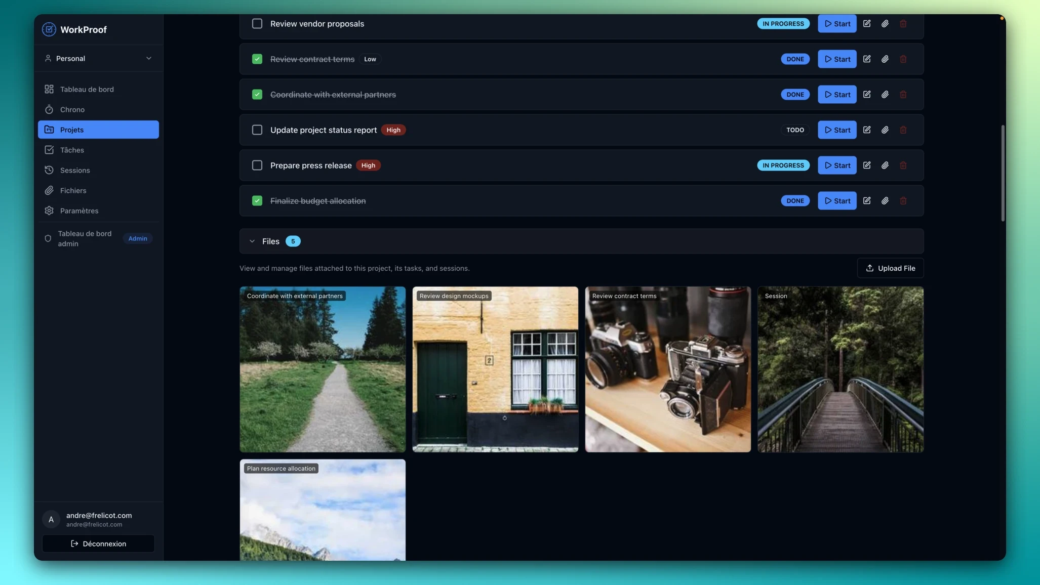 WorkProof project with tasks and attached files