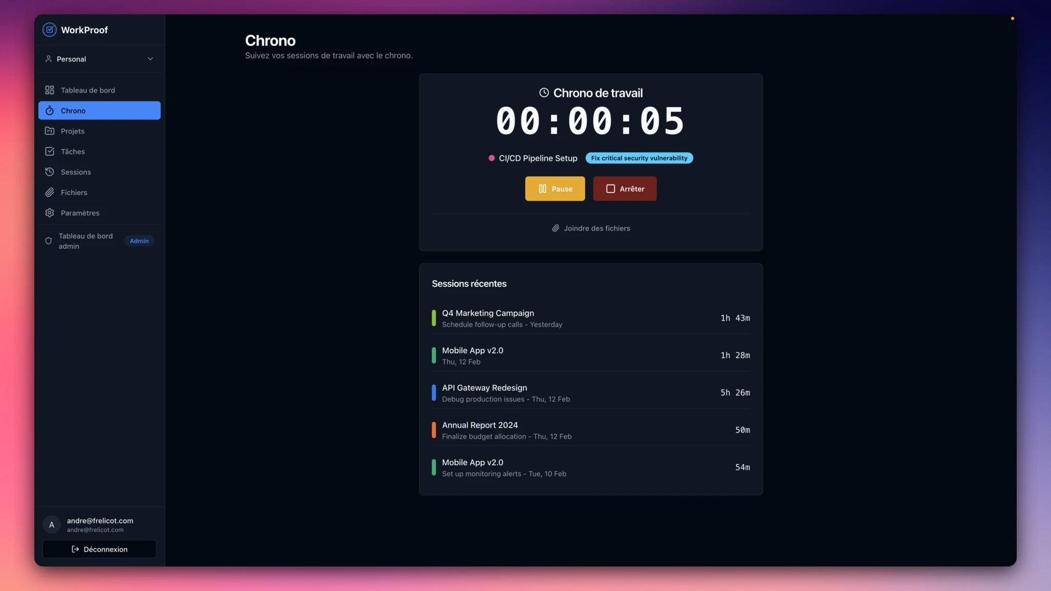 Running timer in the WorkProof web app